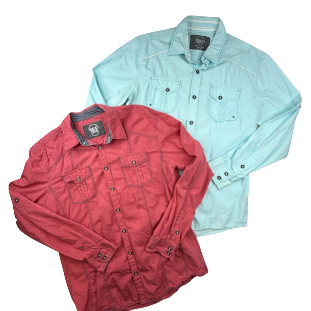 BKE Mens Athletic Fit Long Sleeve Button Up Shirt Coral Blue lot of 2‎ Size L